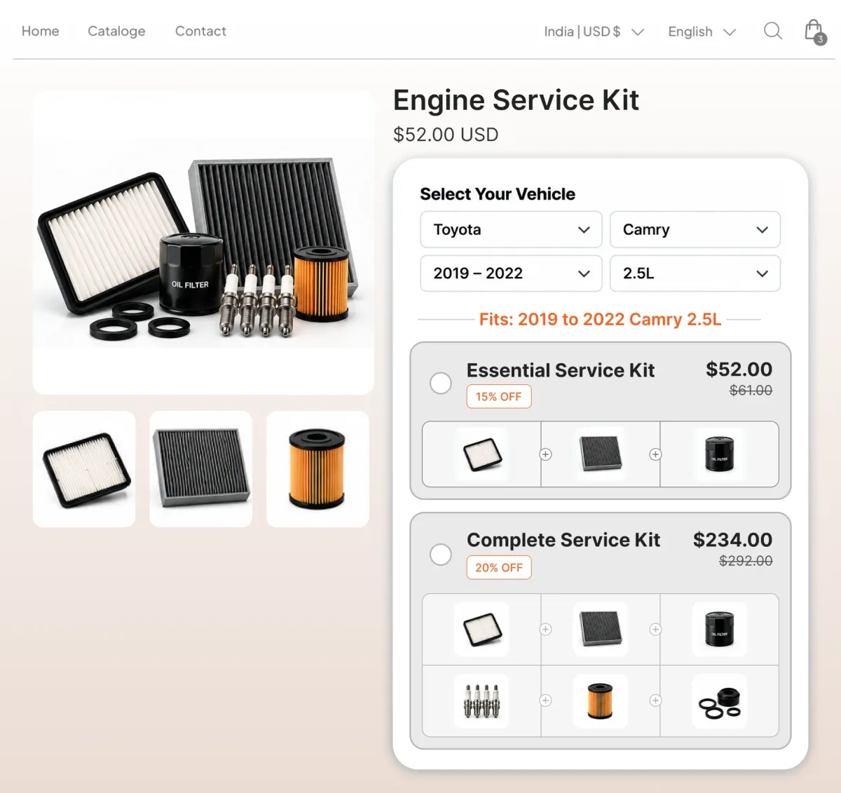Engine service kit page with a vehicle selector set to a 2019 to 2022 Toyota Camry 2.5L, offering an essential kit at $52 or a complete kit at $234
