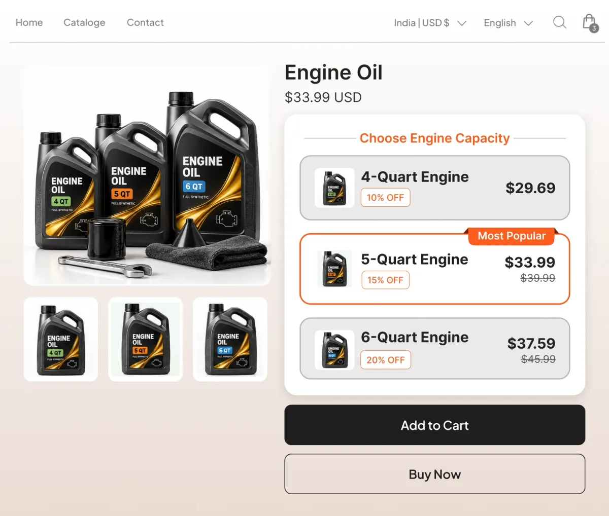 Engine oil page with quantity tiers labelled 4-quart, 5-quart and 6-quart engine