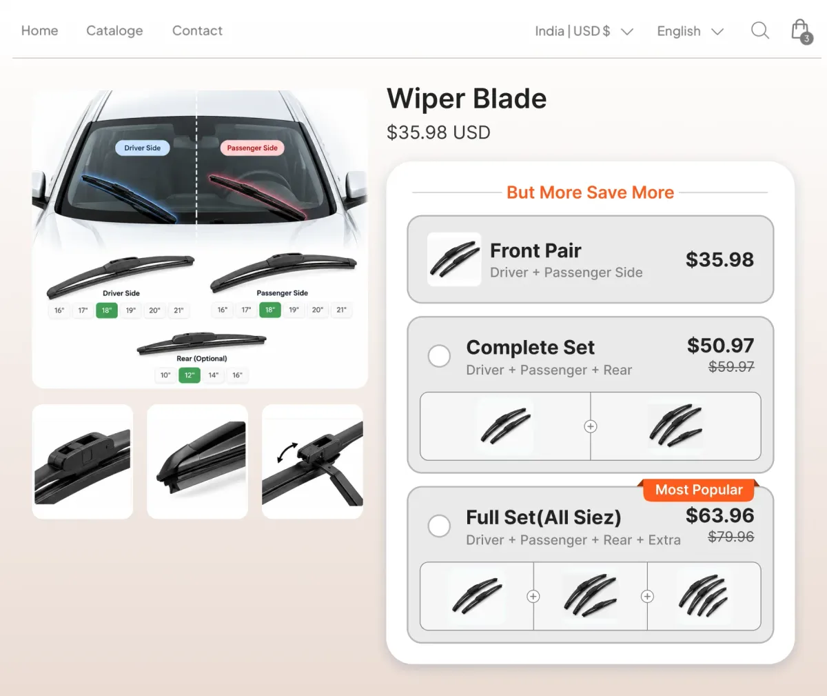 Wiper blade page with driver, passenger and rear sizes, offering a front pair, a complete set or a full set of every size