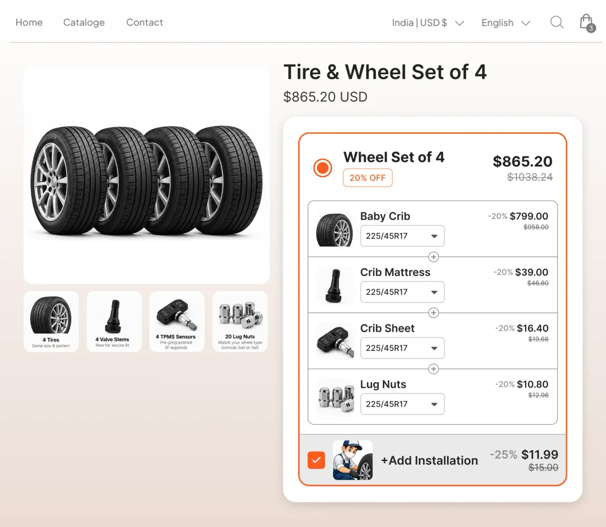 Set of four tires bundled with valve stems, pressure sensors and lug nuts, with an optional installation add-on