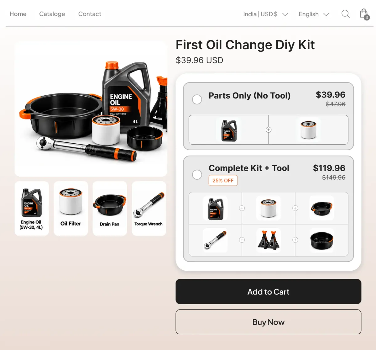 First oil change kit offered parts-only at $39.96, or with a torque wrench, drain pan and jack stands at $119.96