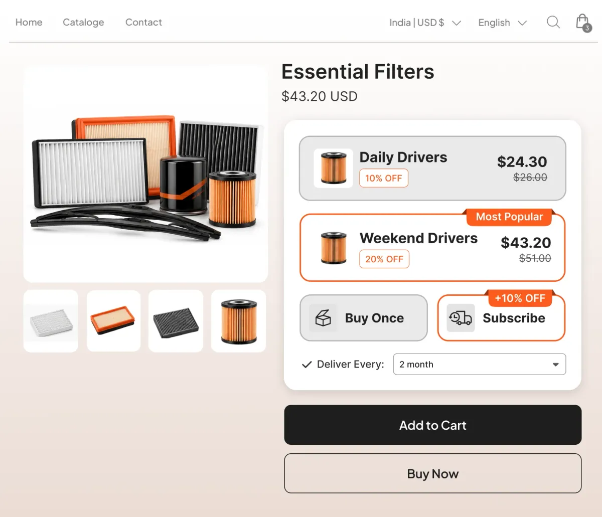 Essential filters page with daily driver and weekend driver tiers, and a Subscribe choice at 10% off delivering every two months