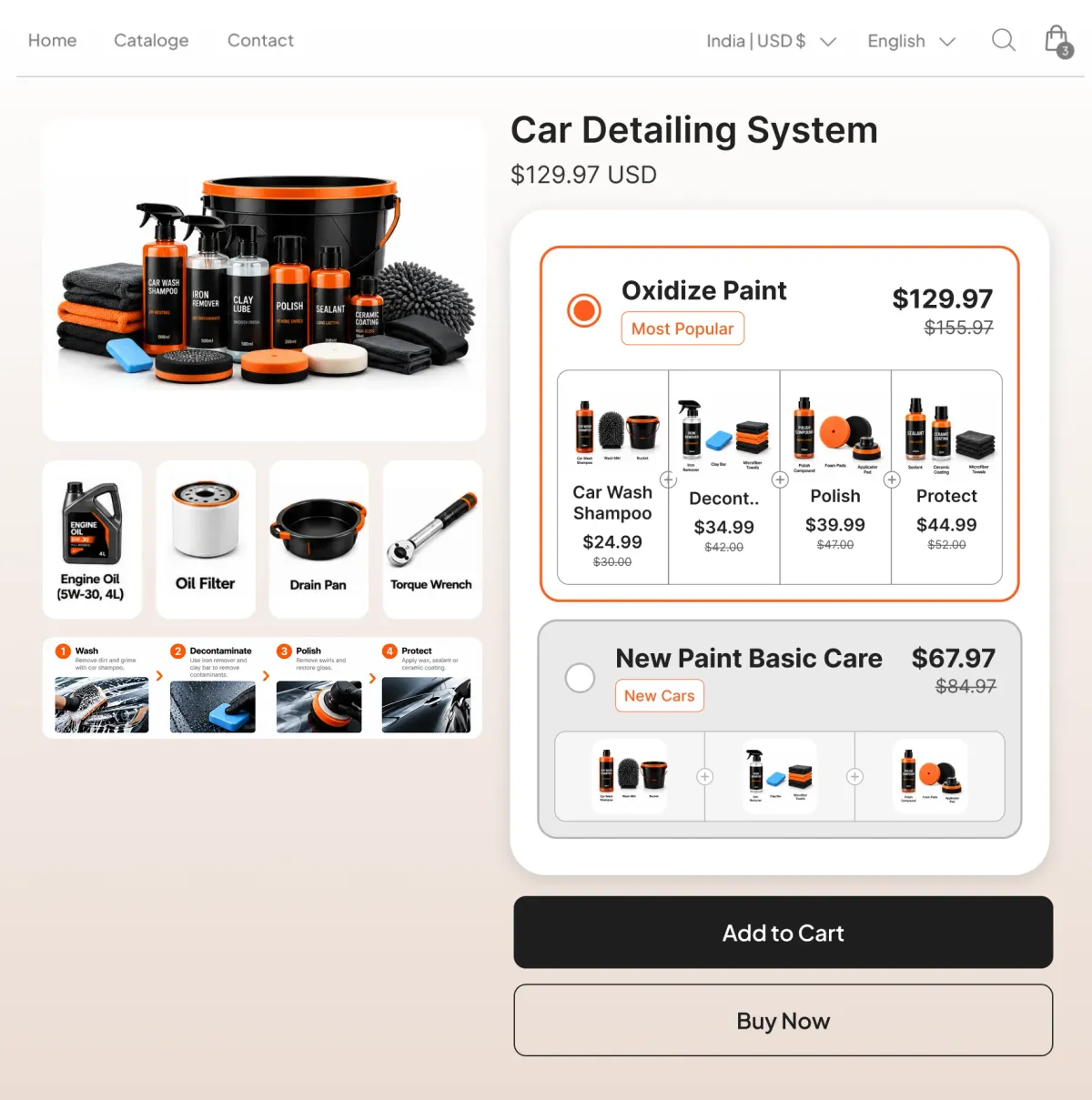 Car detailing system for oxidized paint with wash, decontaminate, polish and protect steps, beside a basic set for new paint