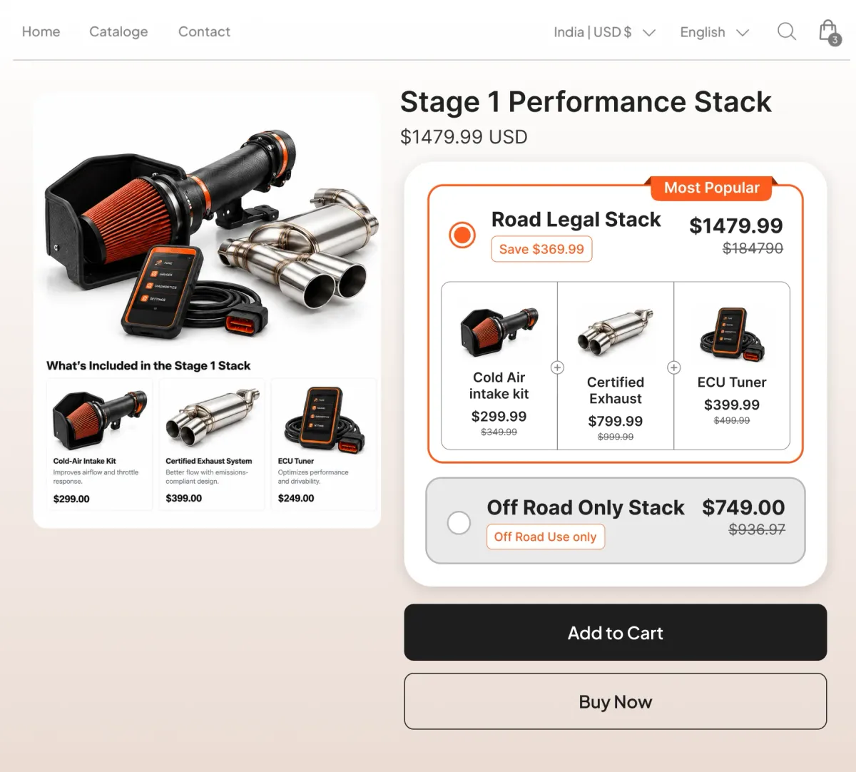 Stage 1 performance page offering a road legal stack of intake, certified exhaust and tuner, or a separate off-road only stack