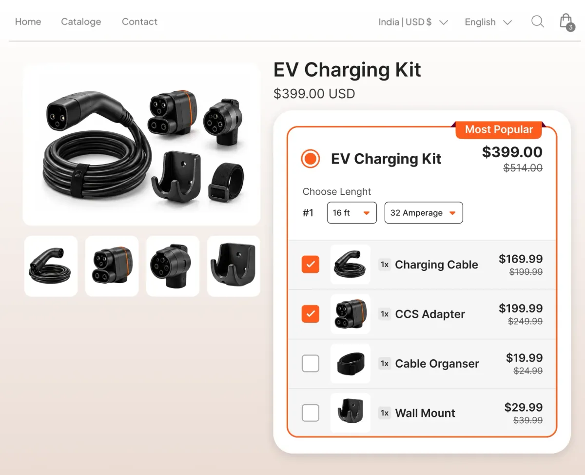 EV charging kit with cable length and amperage options, a charging cable and CCS adapter ticked, and a cable organizer and wall mount as add-ons