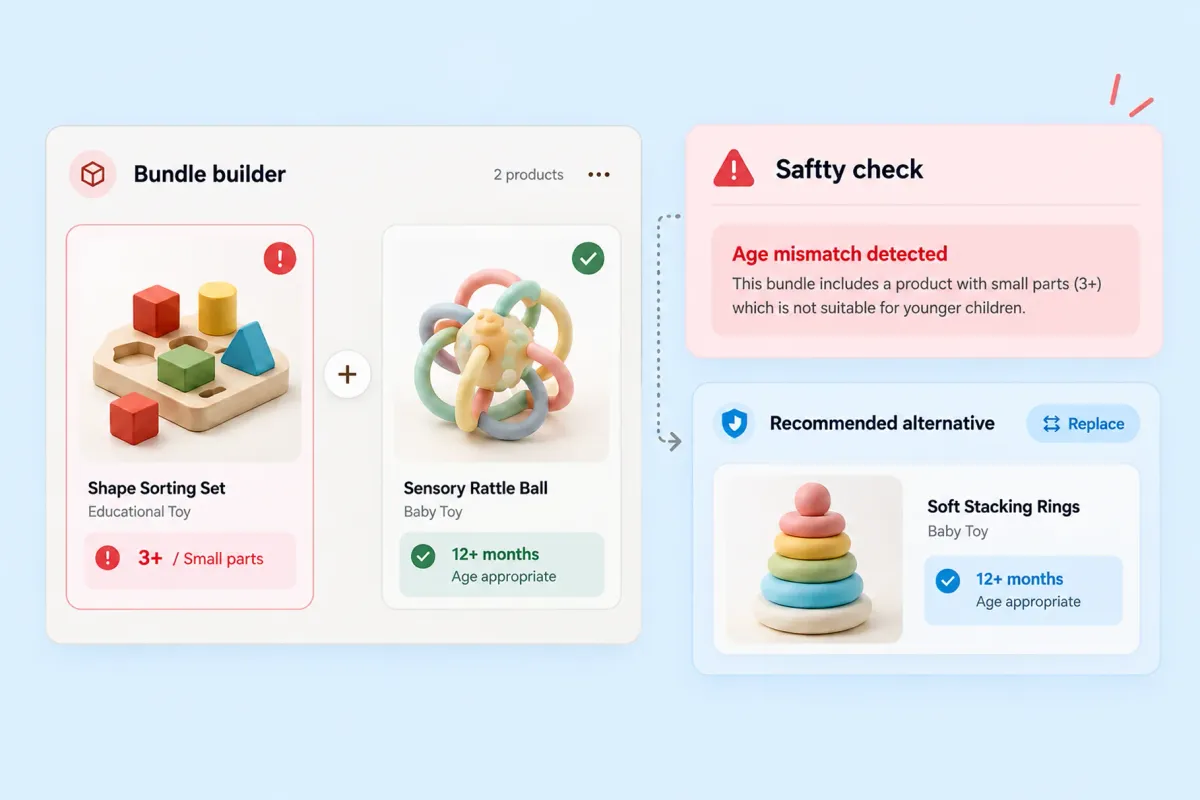 Bundle builder flagging a 3+ small-parts shape sorting set paired with a 12+ months rattle, with an age mismatch warning and a 12+ months soft stacking ring offered as the replacement