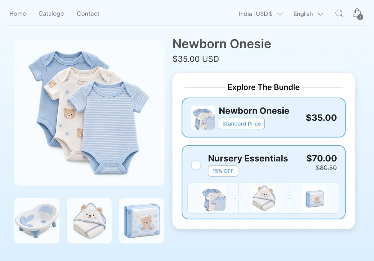 Newborn Onesie page offering the onesie at $35 or a Nursery Essentials bundle of onesie, hooded towel and diapers at $70, 15% off