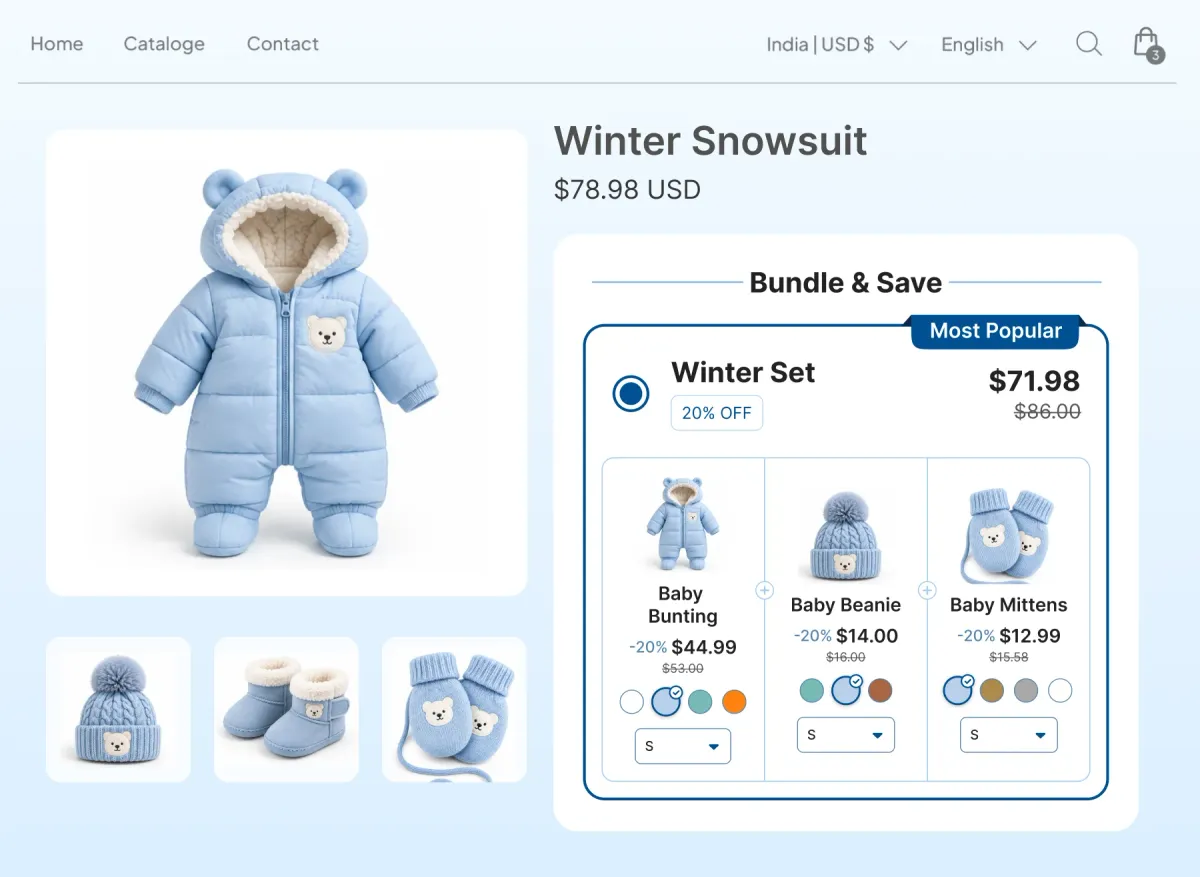 Winter Snowsuit page with a Winter Set bundling the bunting, a beanie and mittens at 20% off, with colour and size pickers on each piece