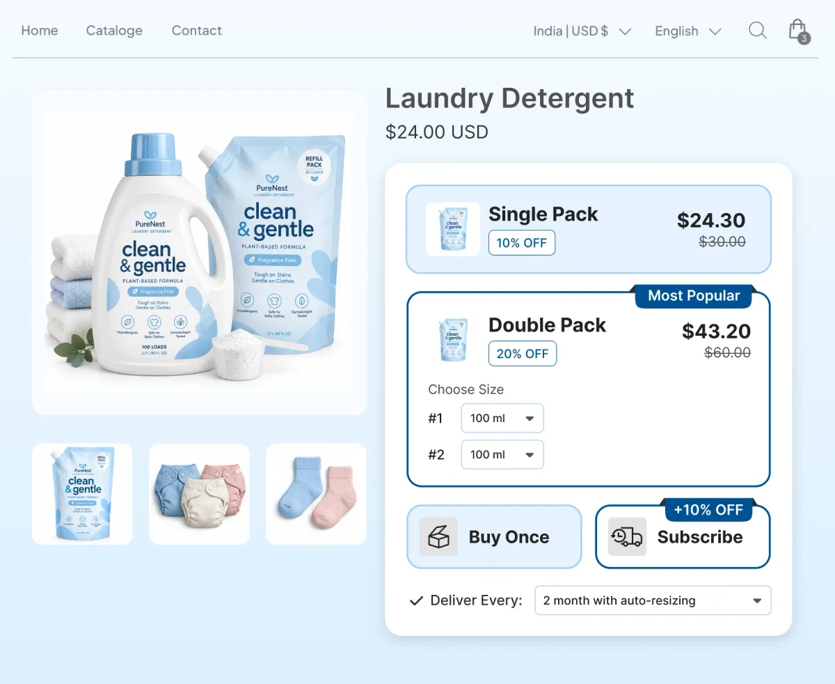 Baby laundry detergent page with single and double pack tiers, a Buy Once or Subscribe toggle at 10% off, and delivery set to every two months with auto-resizing
