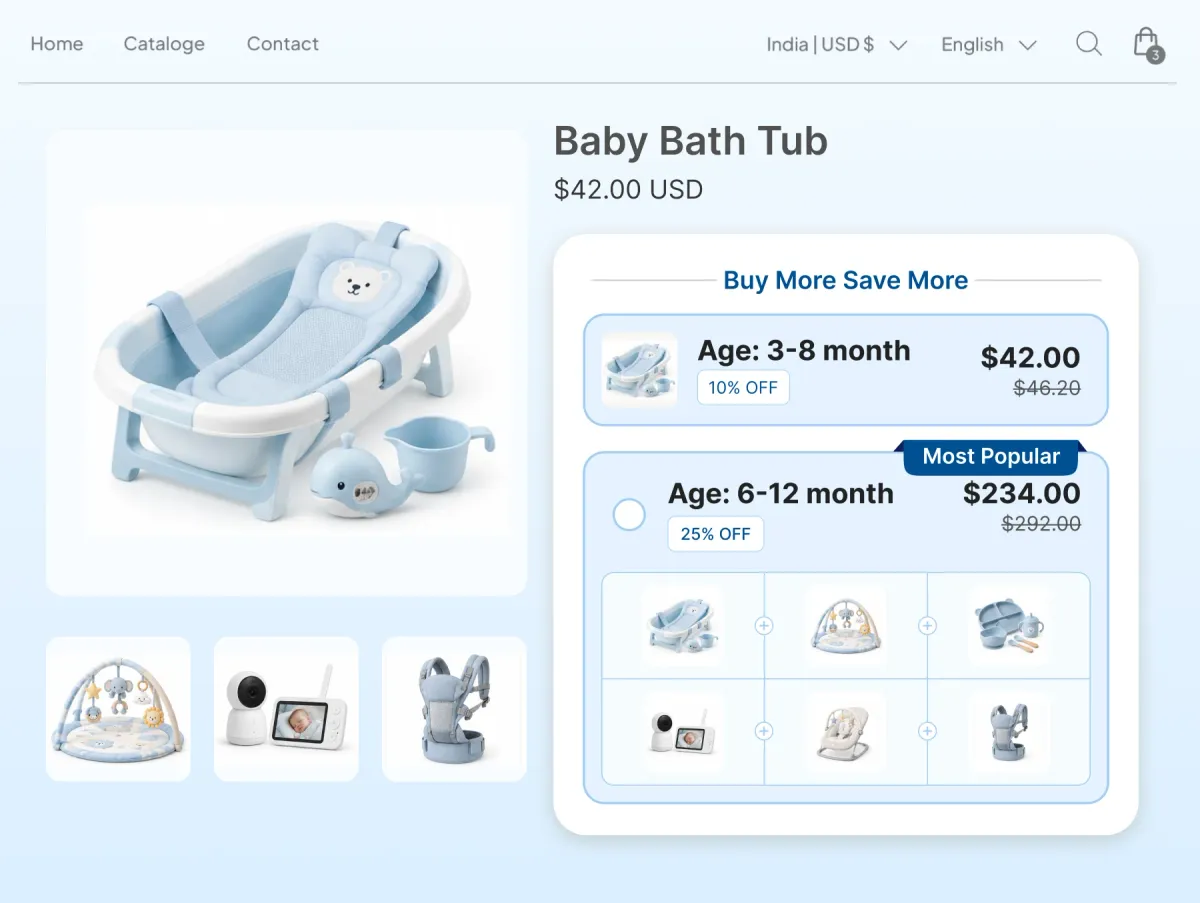 Baby Bath Tub page with age-banded tiers, 3-8 month at 10% off and a six-item 6-12 month bundle at 25% off