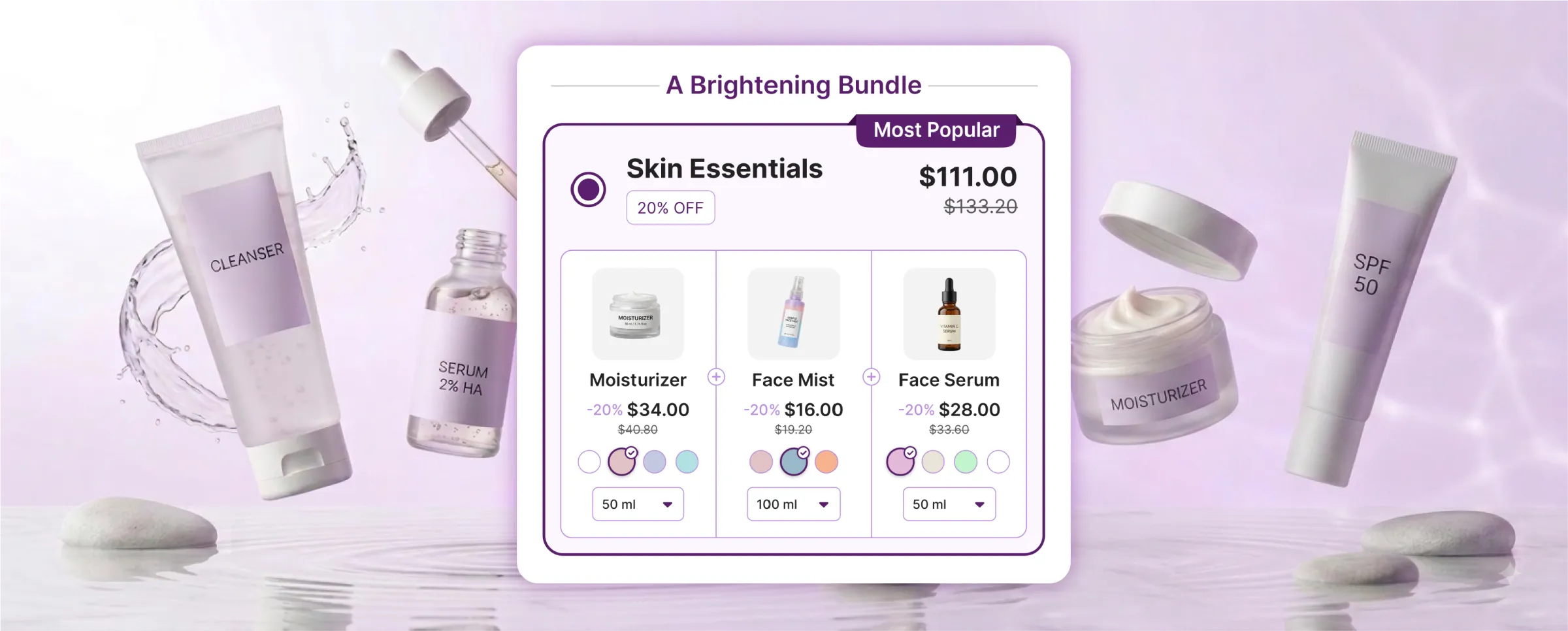 Skincare products floating around A Brightening Bundle widget that groups a moisturizer, face mist and face serum into a Skin Essentials set at 20% off