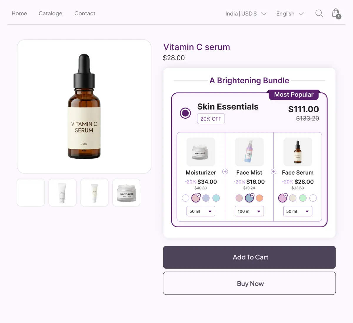Vitamin C serum page with A Brightening Bundle panel grouping a moisturizer, face mist and face serum into a Skin Essentials set at 20% off, each with its own shade and size picker