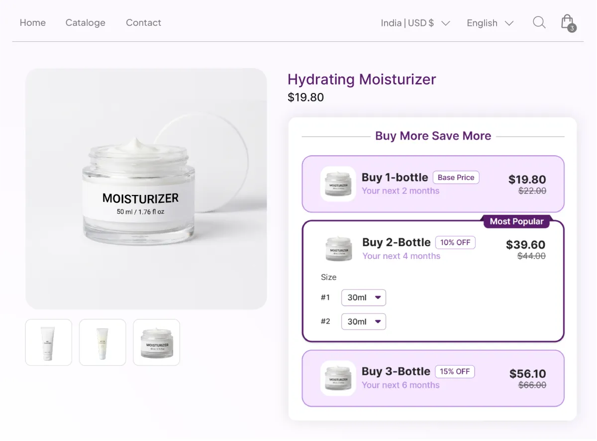 Hydrating Moisturizer page with a Buy More Save More widget whose tiers are labelled by supply, one bottle for the next two months up to three bottles for six