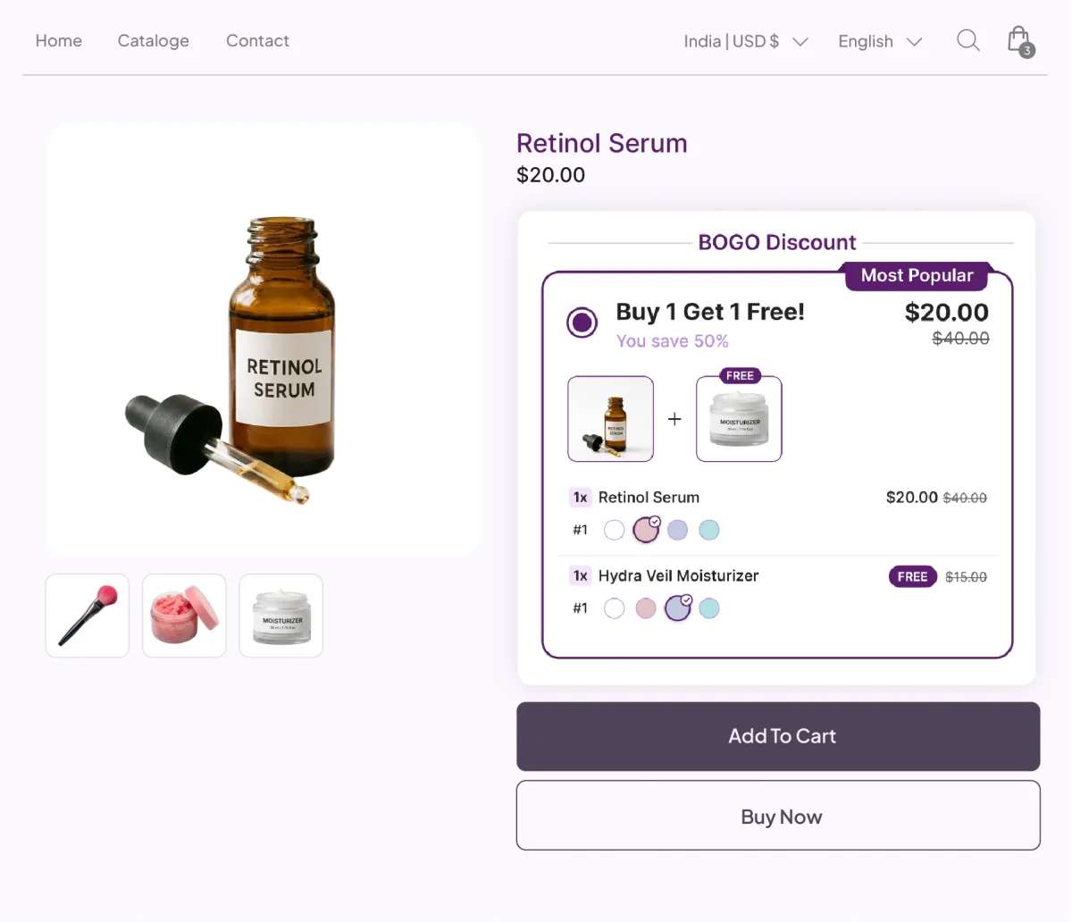 Retinol Serum page running a BOGO offer that pairs the serum with a free Hydra Veil Moisturizer, the supporting product it needs