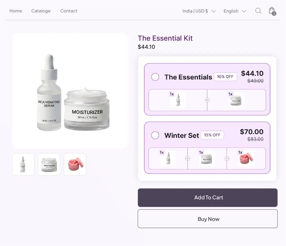 The Essential Kit page offering two seasonal sets, a two-item Essentials at 10% off and a three-item Winter Set at 15% off