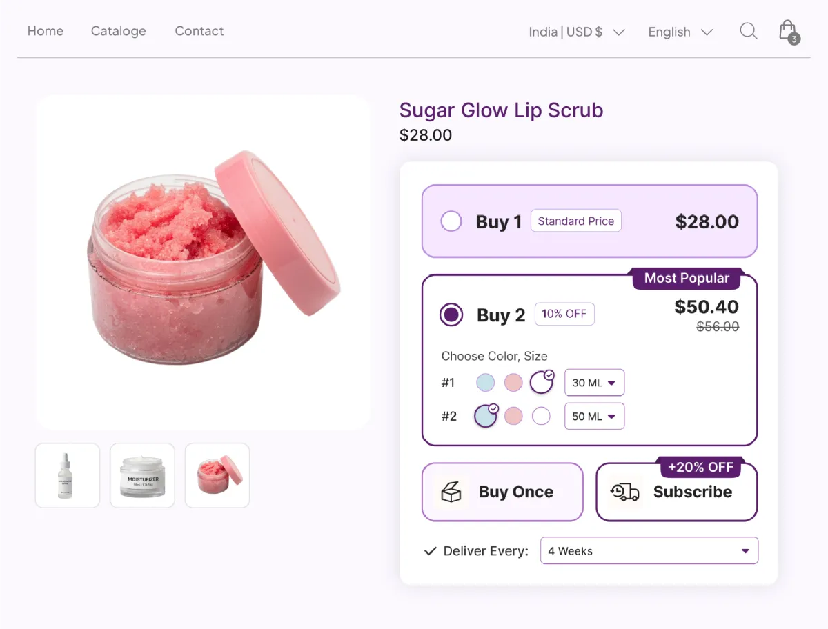 Sugar Glow Lip Scrub page with a Buy Once or Subscribe toggle, the subscription taking a further 20% off on a four-week delivery cadence