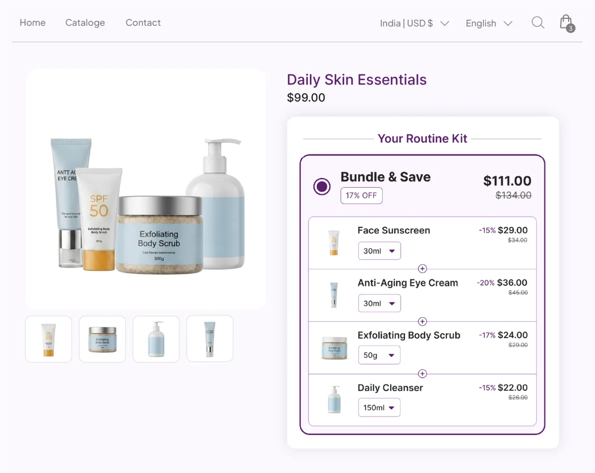 Daily Skin Essentials page selling a four-step routine kit, sunscreen, eye cream, body scrub and cleanser, as a single bundle at 17% off