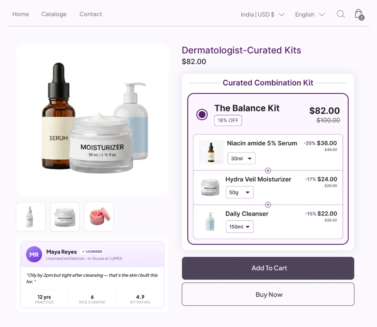 Curated Combination Kit page showing a licensed esthetician, her note on the skin type she built for, and a three-product Balance Kit at 18% off