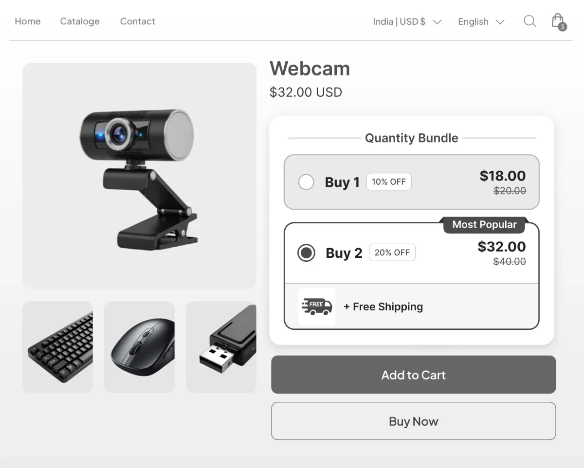 Webcam page with quantity tiers at one and two units, the two-unit tier at 20% off with free shipping attached