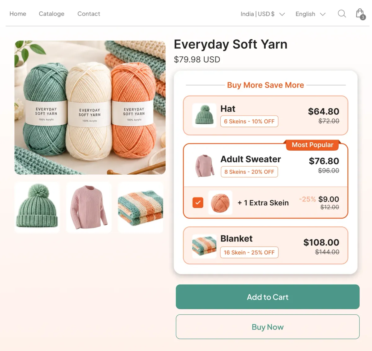 Yarn page with quantity tiers for a hat, an adult sweater and a blanket, and an extra skein add-on