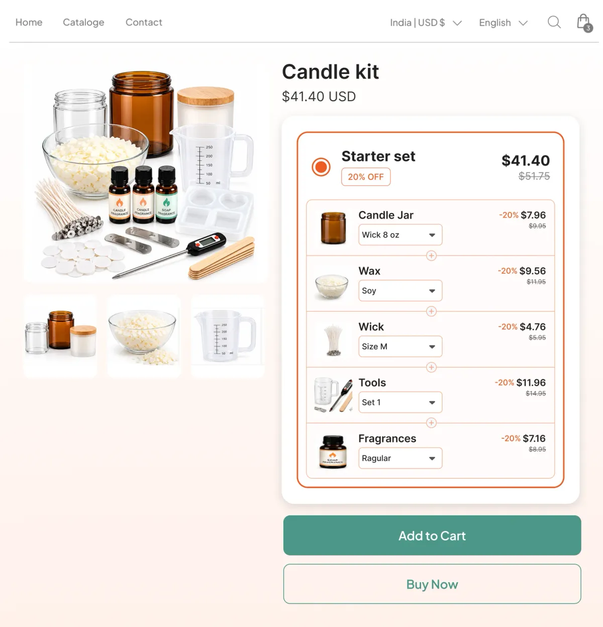 Candle kit of jar, wax, wick, tools and fragrance oil offered as a starter set