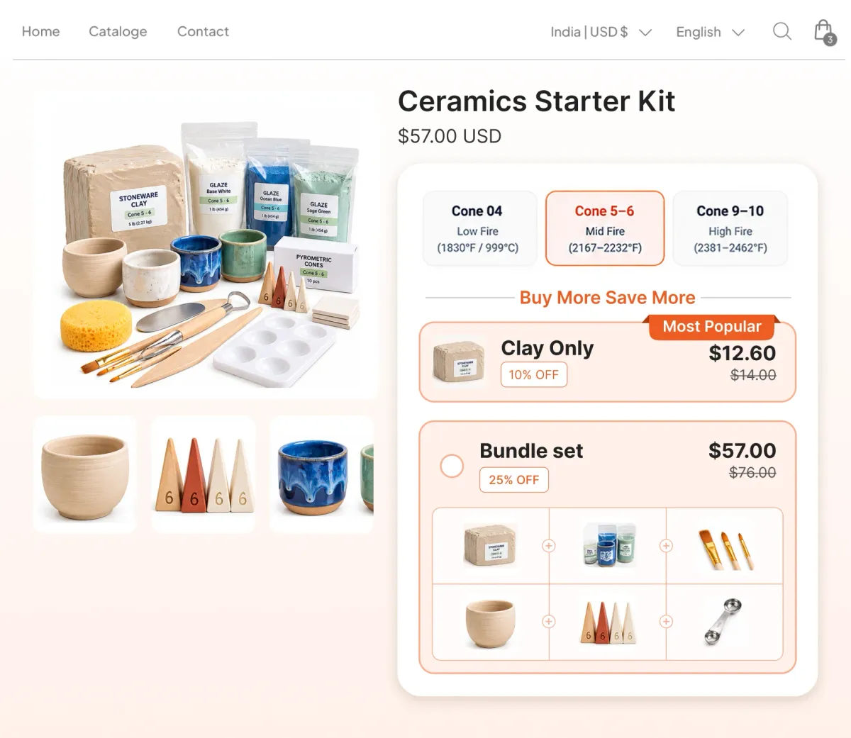 Ceramics starter kit with cone 04, cone 5 to 6 and cone 9 to 10 firing ranges, offering clay only or a full bundle
