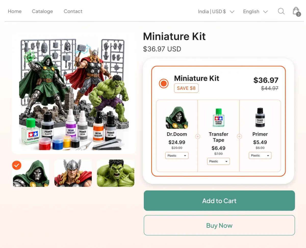 Miniature kit page bundling a painted figure with an adhesive and a primer