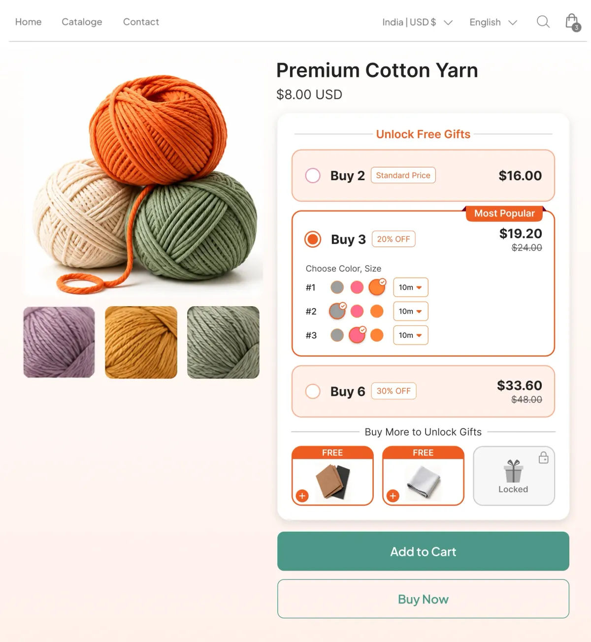 Cotton yarn page where buying three or six skeins unlocks free finishing gifts