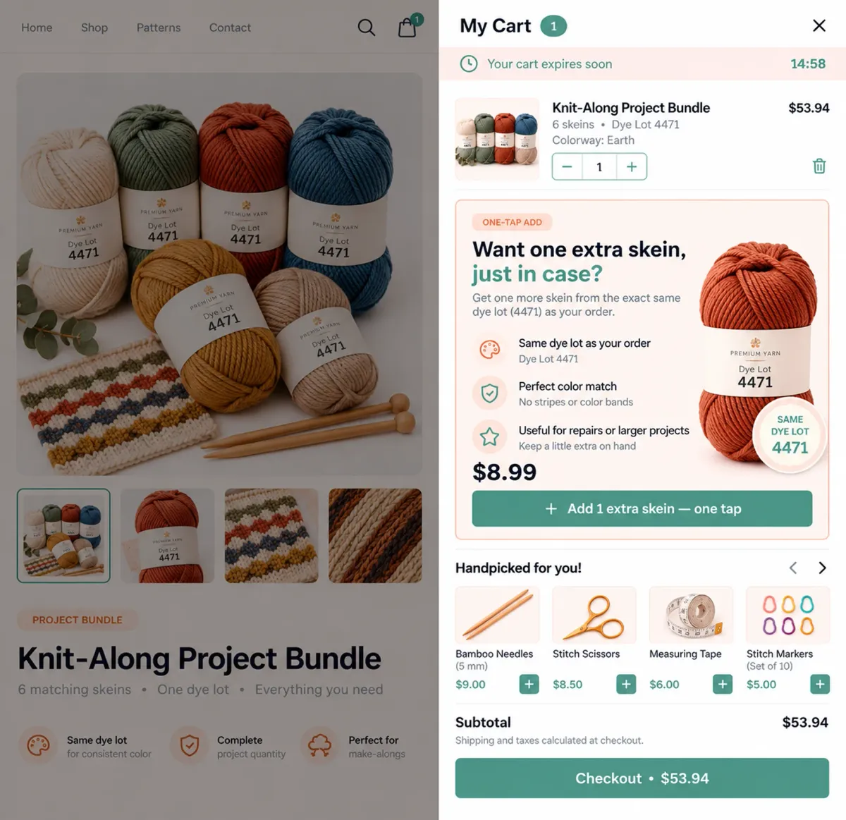 Cart drawer offering one extra skein from the same dye lot as the order