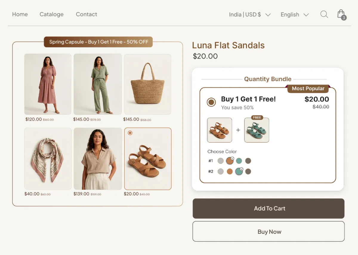 Spring Capsule collection grid under a Buy 1 Get 1 Free 50% off banner, beside a sandals product page running the same offer as a Quantity Bundle with a colour picker for each pair