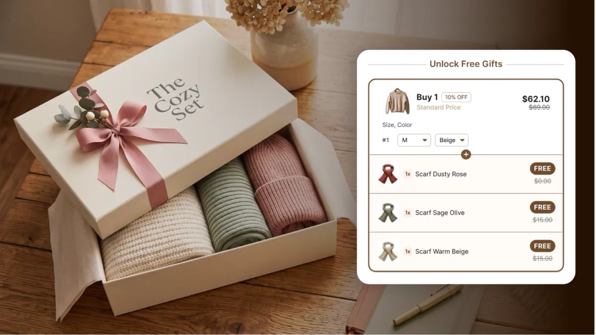 Ribboned gift box holding three rolled scarves as The Cozy Set, beside an Unlock Free Gifts panel adding a free scarf to a discounted sweater