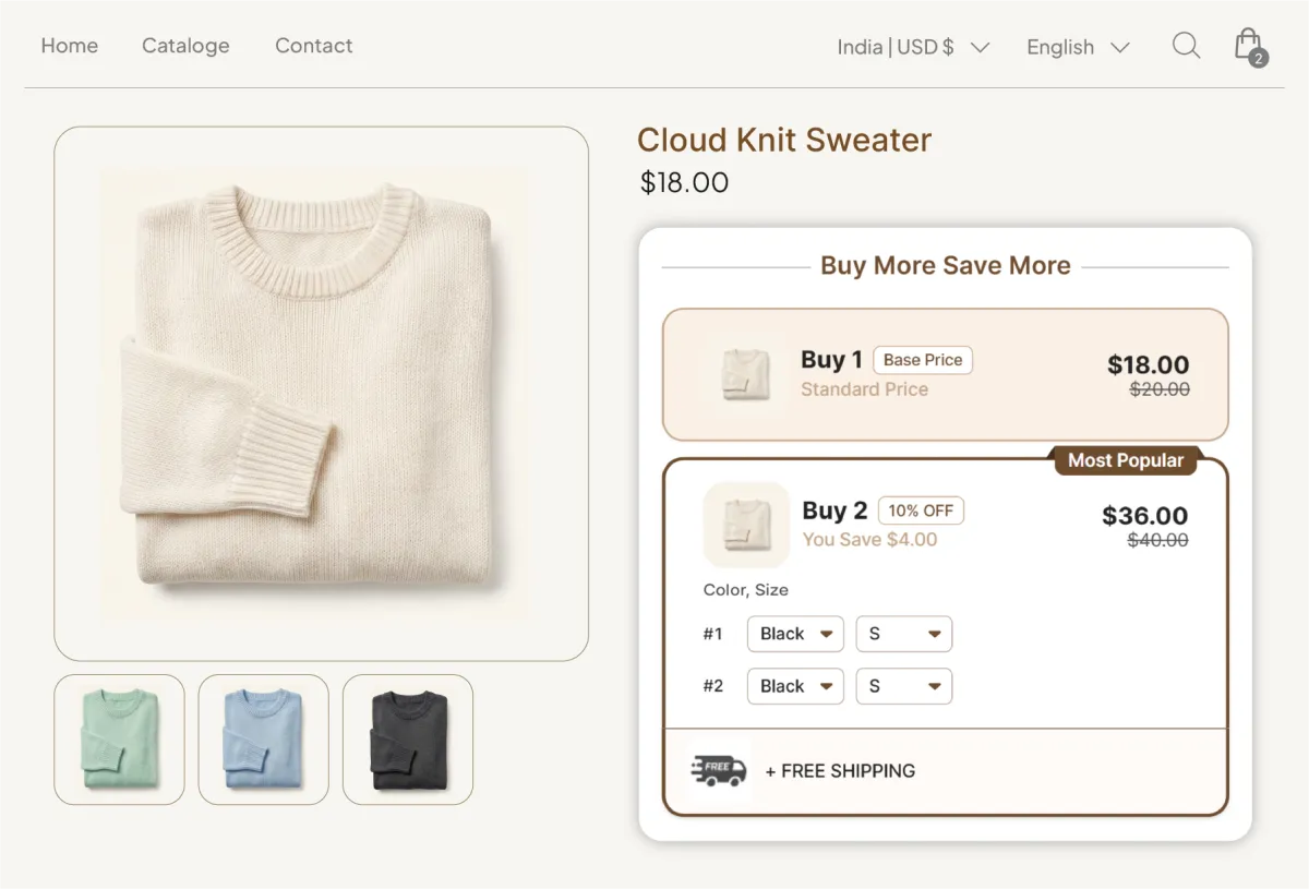 Cloud Knit Sweater page with a Buy More Save More widget where the Buy 2 tier at 10% off also unlocks free shipping, stacking both incentives on one offer