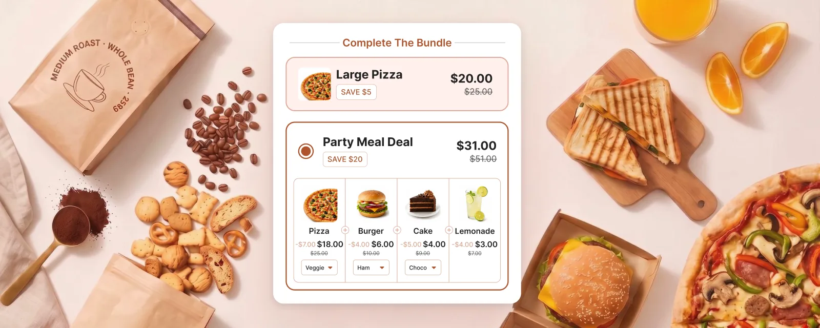 A coffee bag, beans, biscuits, orange juice, a toasted sandwich, a burger and a pizza laid around a Complete The Bundle widget offering a Large Pizza at $5 off or a Party Meal Deal of pizza, burger, cake and lemonade at $20 off