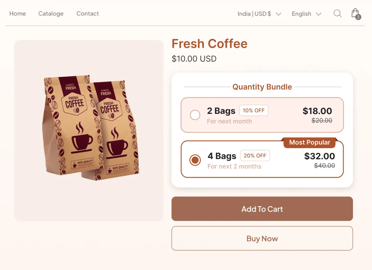 Fresh Coffee page with a Quantity Bundle widget whose tiers read as months of supply, two bags for the next month and four for the next two