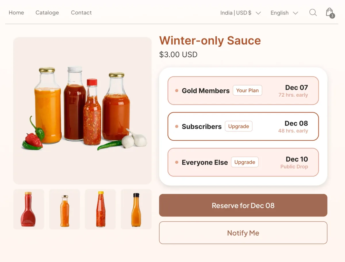 Winter-only sauce page opening the drop to Gold members 72 hours early and subscribers 48 hours early, with a public date three days later