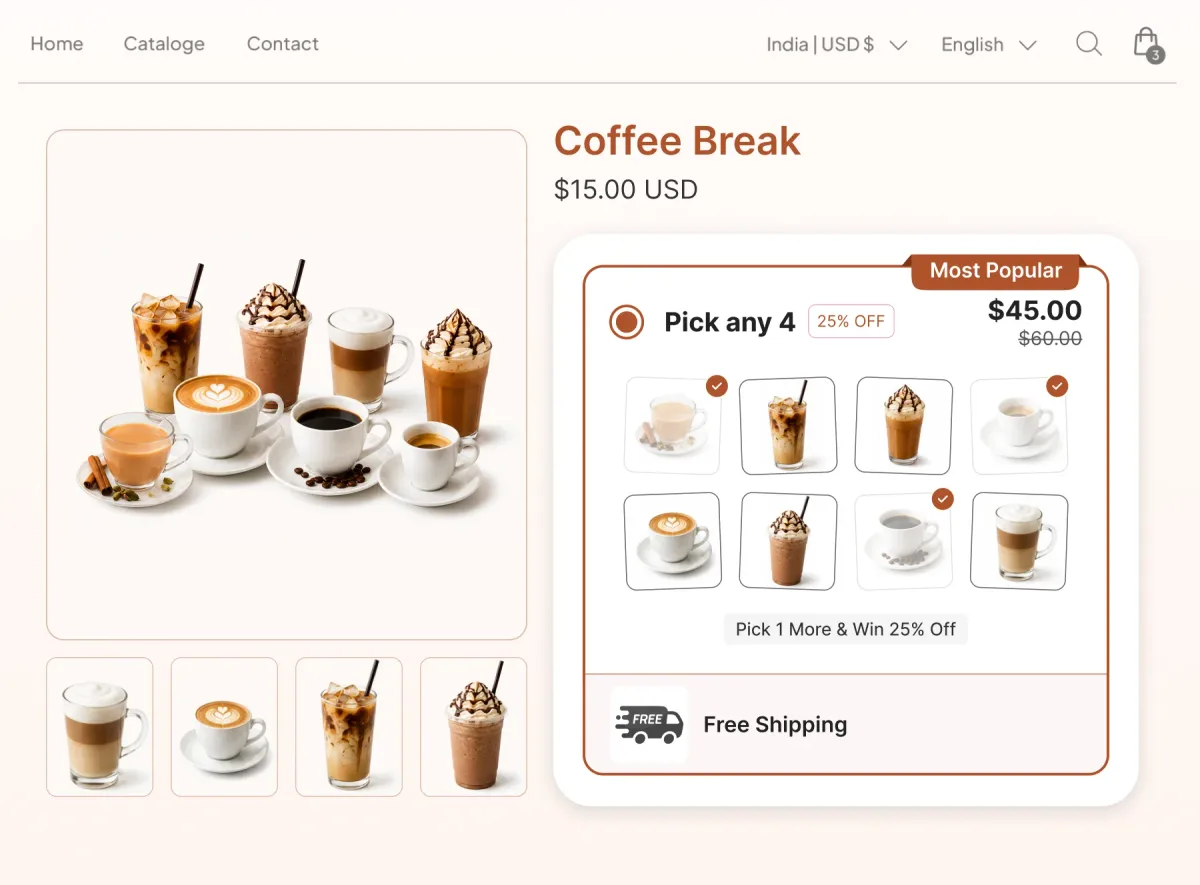 Coffee page letting the shopper pick any four drinks from an eligible group of eight at 25% off, with free shipping attached to the tier