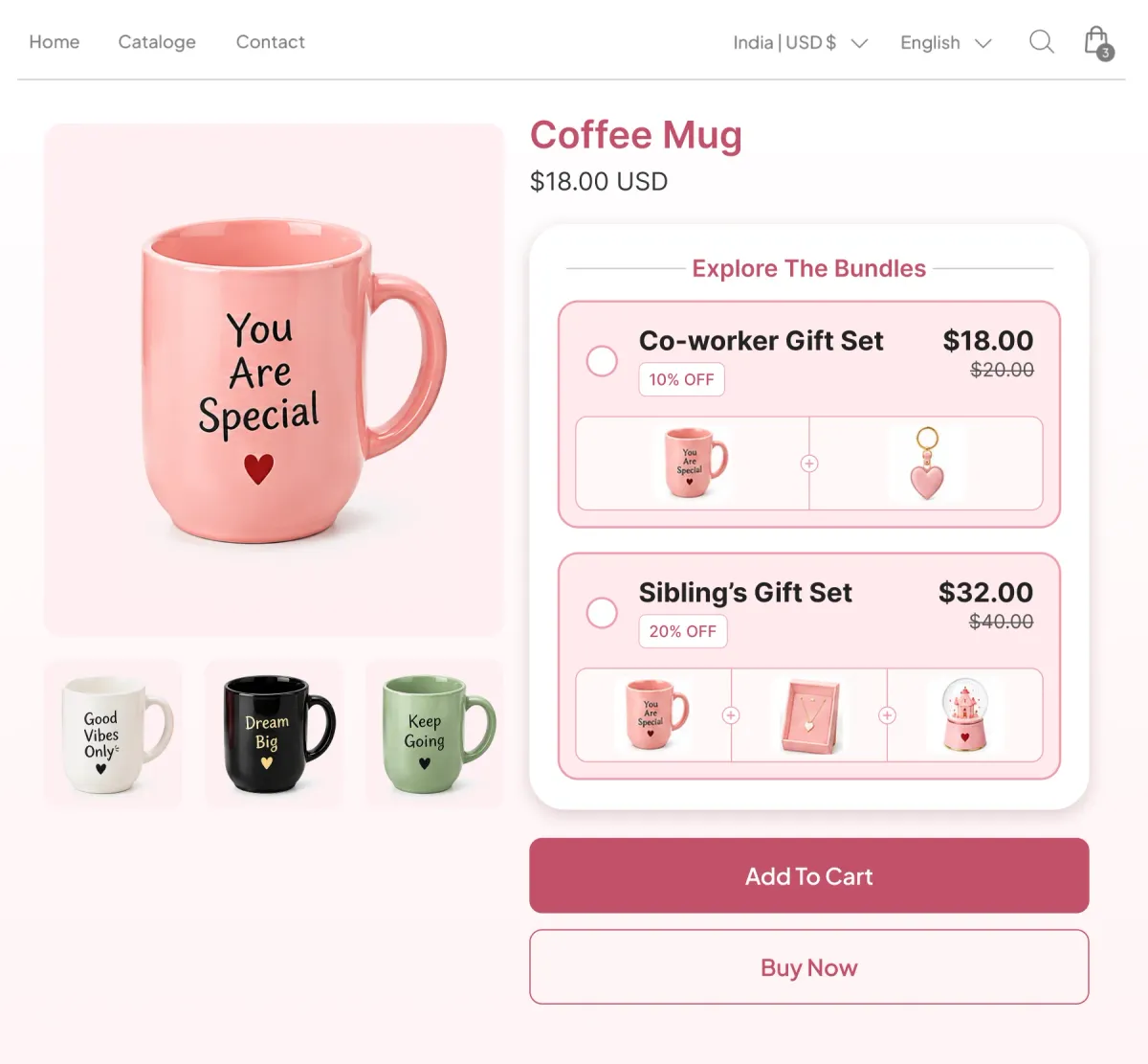 Coffee mug page offering a Co-worker Gift Set of mug and keyring at $18, or a Sibling's Gift Set of mug, pendant and snow globe at $32