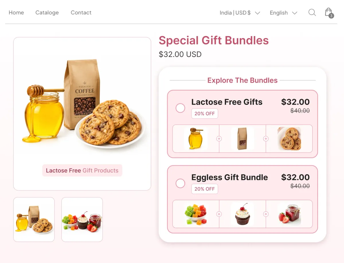 Gift bundle page offering a lactose-free set of honey, coffee and cookies, or an eggless set, each grouped by the dietary restriction it is safe for