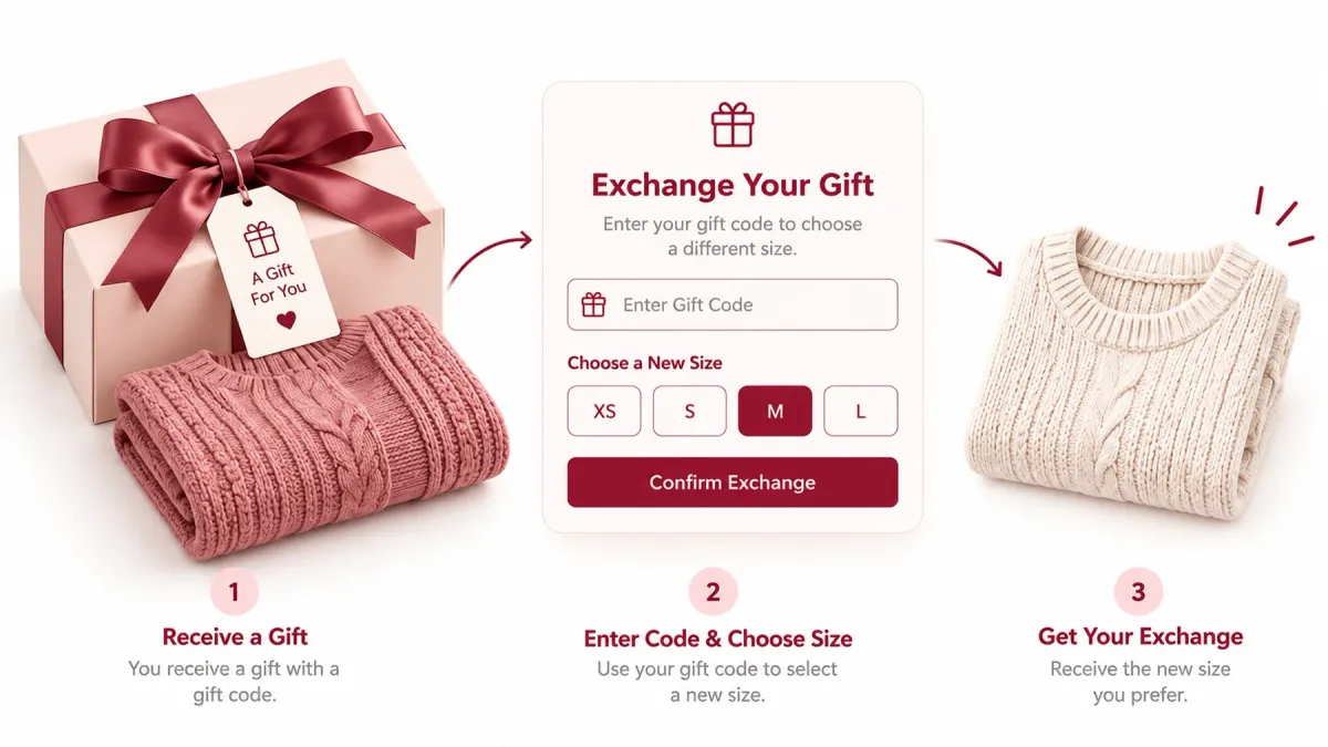 Three-step exchange flow where the recipient enters a gift code, picks a different size, and receives the swap, with no price shown at any step