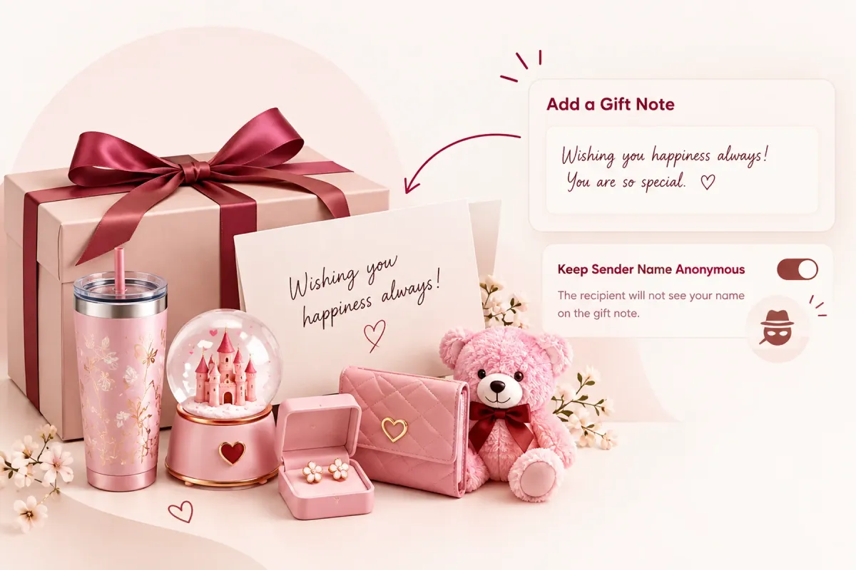 Gift box beside an Add a Gift Note panel showing a handwritten message and a Keep Sender Name Anonymous toggle switched on