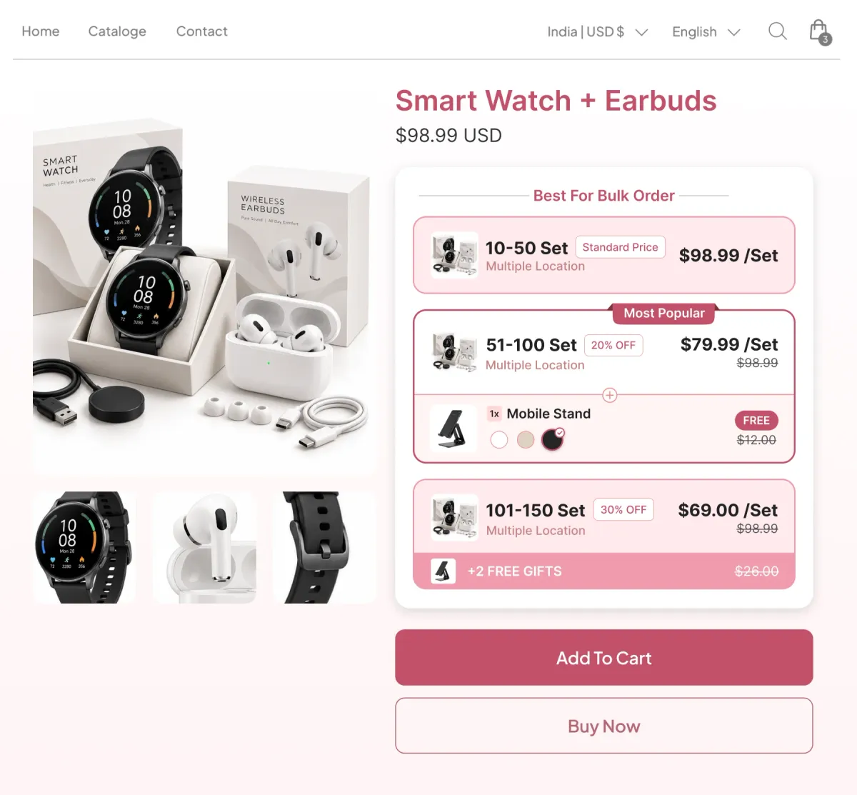 Smart watch and earbuds gift set with Best For Bulk Order tiers of 10-50, 51-100 and 101-150 sets, each marked Multiple Location