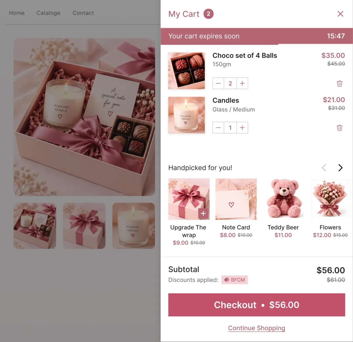 Cart drawer holding a chocolate set and a candle, with a Handpicked for you row offering a wrap upgrade, a note card, a teddy and flowers