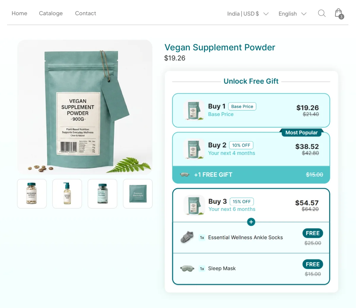 Vegan Supplement Powder page where the two-bag tier adds one free gift and the three-bag tier unlocks free wellness ankle socks and a sleep mask