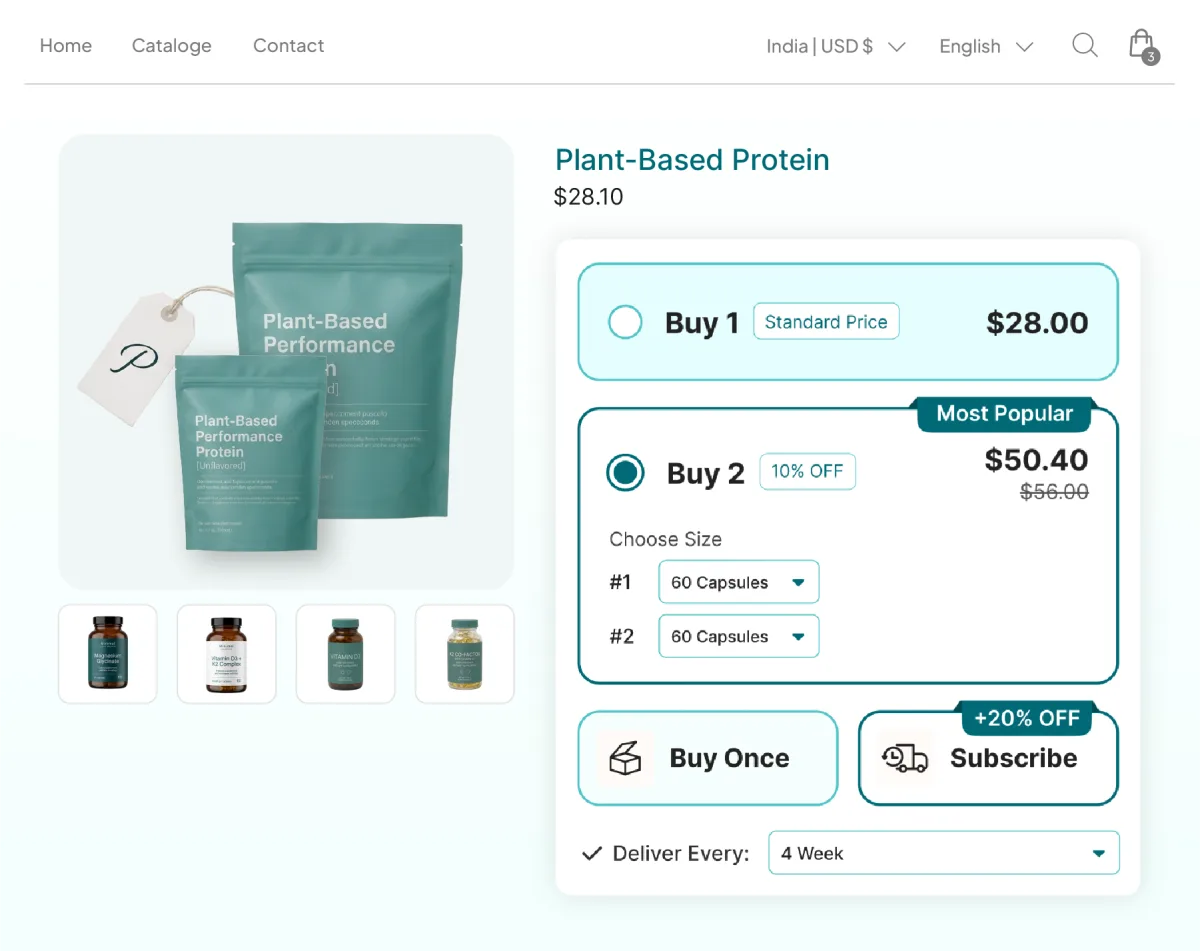Plant-Based Protein page with a Buy Once and Subscribe toggle, the subscription at 20% off on a four-week delivery cadence
