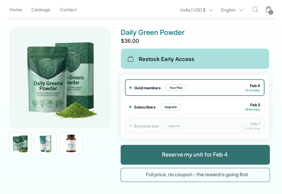 Daily Green Powder page with a Restock Early Access panel opening the drop to Gold members 72 hours early and subscribers 48 hours early, at full price with no coupon