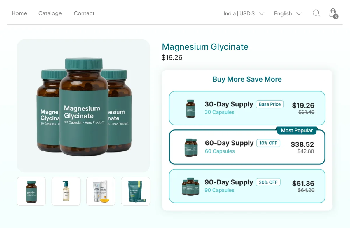 Magnesium Glycinate page with Buy More Save More tiers labelled 30-Day, 60-Day and 90-Day Supply, each showing its capsule count
