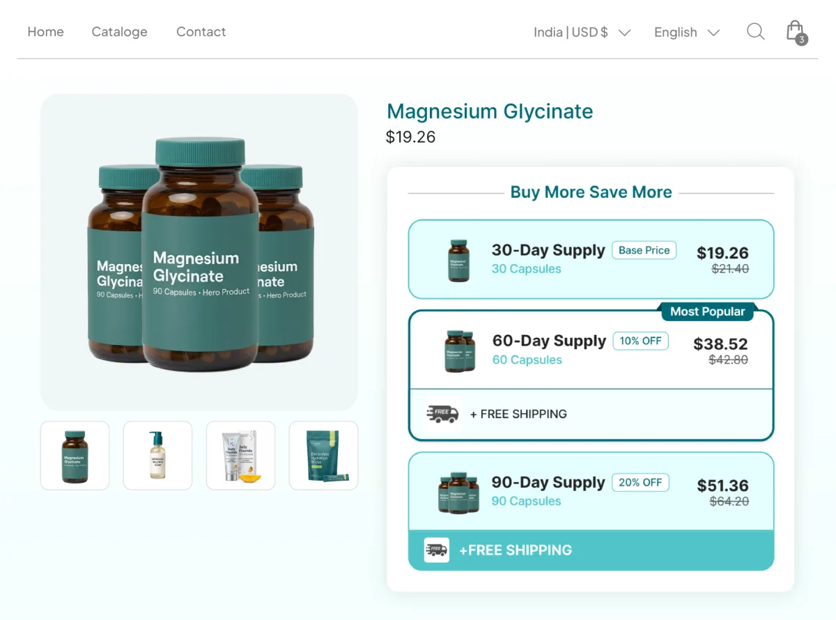 Magnesium Glycinate page where the 60-Day and 90-Day Supply tiers each add free shipping alongside their 10 and 20 percent discounts