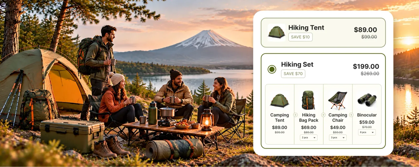 Campsite at dusk with a pitched tent and a lake behind it, and a widget offering a hiking tent at $89 or a hiking set of tent, pack, chair and binoculars at $199