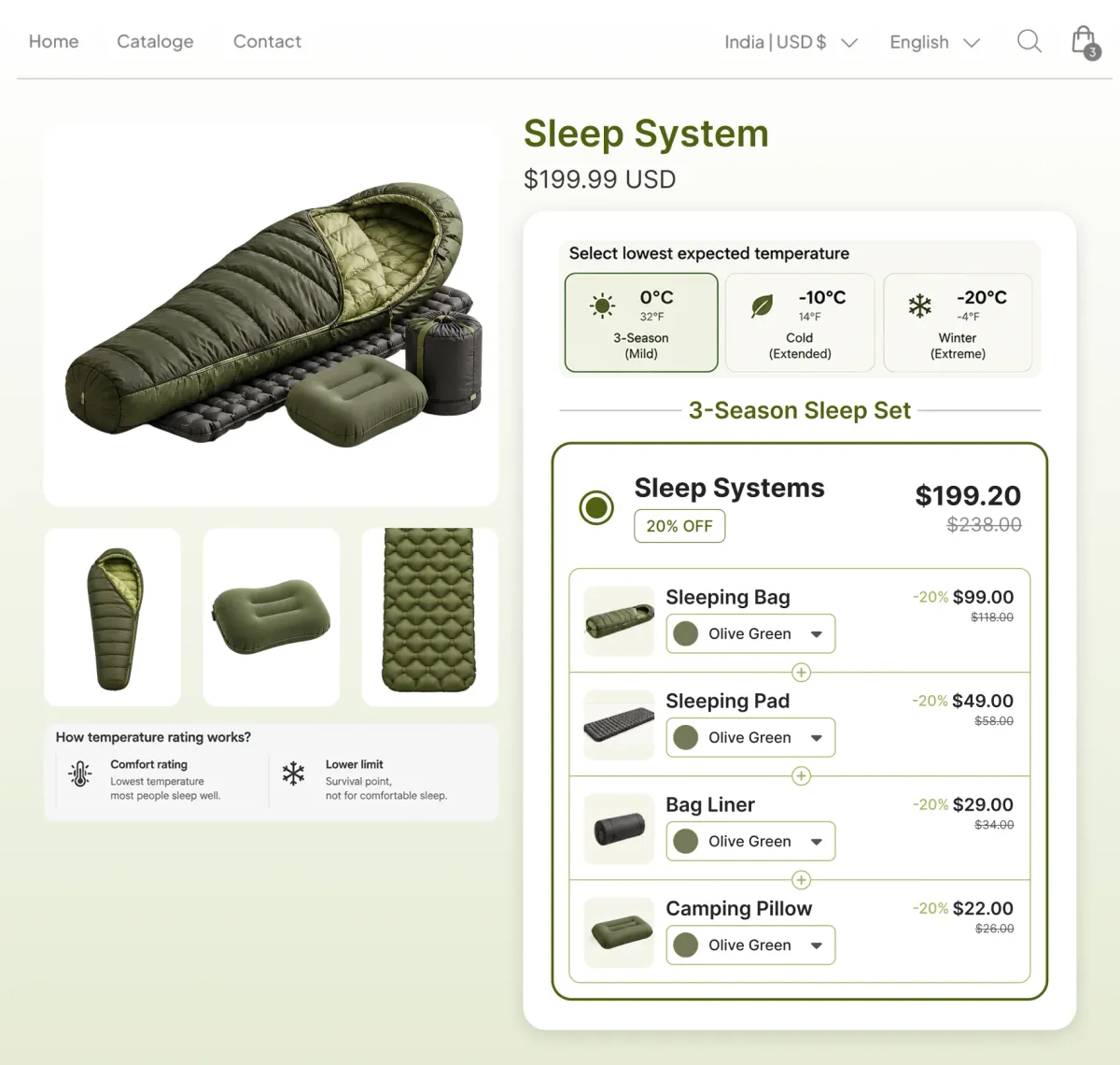Sleep system page with a lowest-expected-temperature selector at 0, -10 and -20 degrees Celsius, and a 3-season set of bag, pad, liner and pillow
