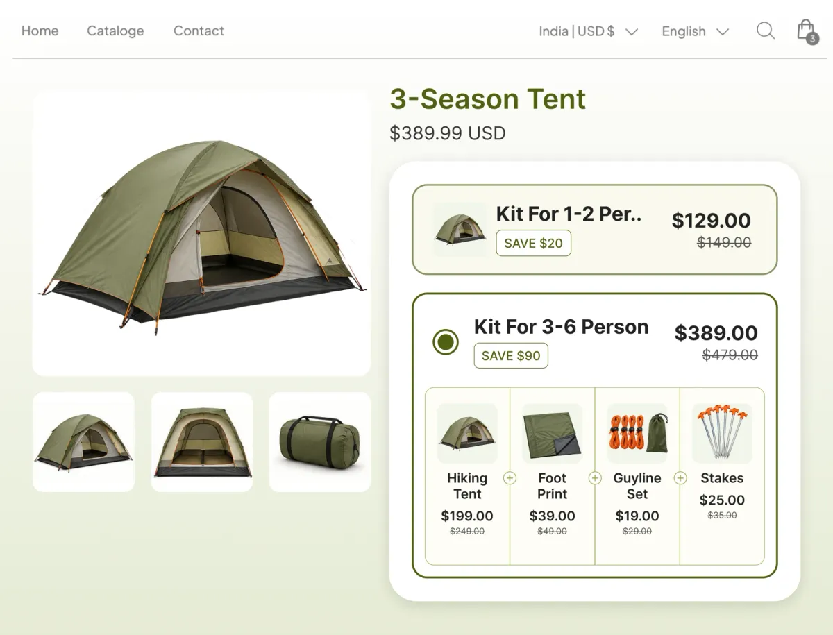 Three-season tent page offering a kit for one to two people at $129 or a kit for three to six with footprint, guyline set and stakes at $389